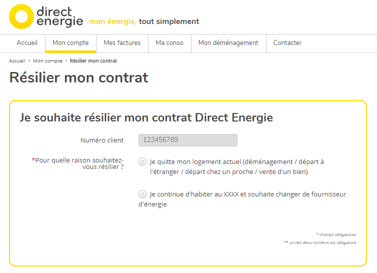 Écran de résiliation de contrat Direct Energie